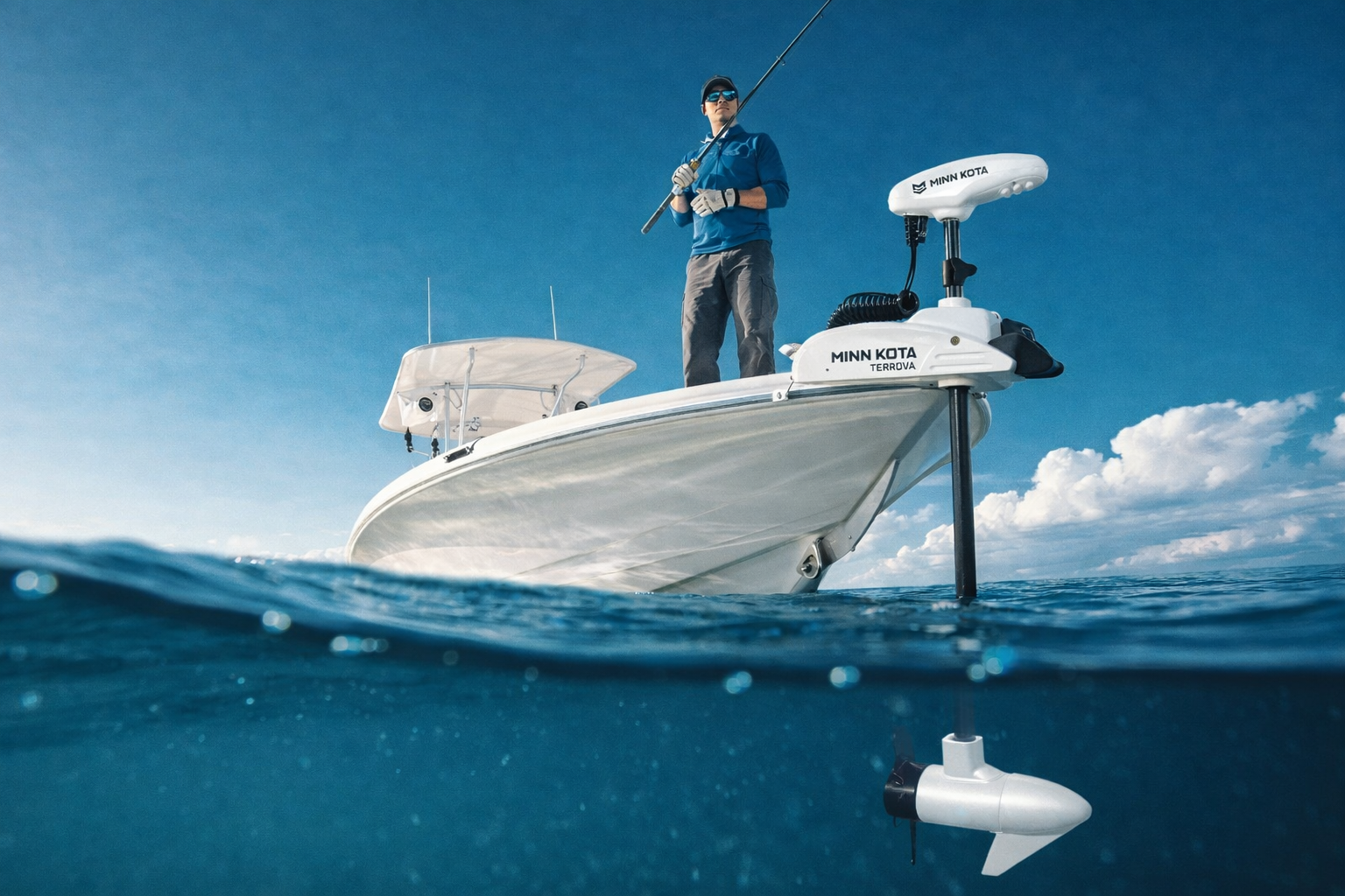 Man on a boat with a motor and equipment, under a clear blue sky.