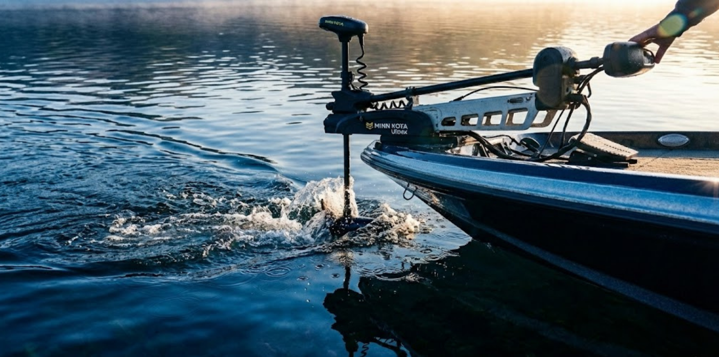 Boat with a motor being lowered into the water on a calm lake.